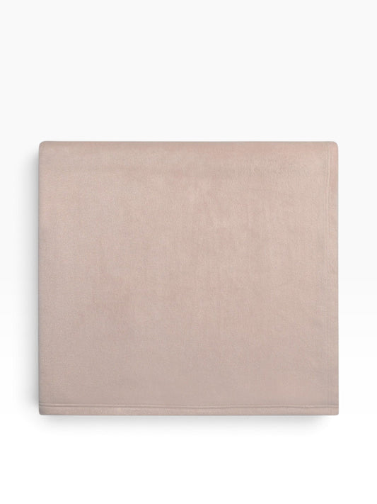 Valiant Products tan microfiber Super Fleece blanket with low pile texture and durable triple-needle stitched hem.
