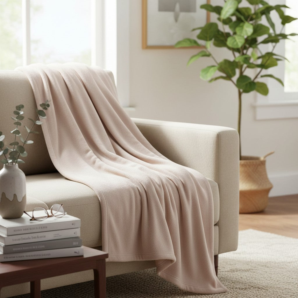 Valiant Products tan microfiber fleece blanket draped over a neutral sofa in a bright, modern living room setting.