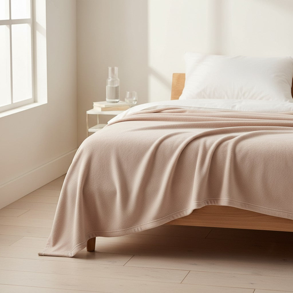 Valiant Products tan microfiber Super Fleece blanket draped over a wooden bed frame in a bright, minimalist bedroom.