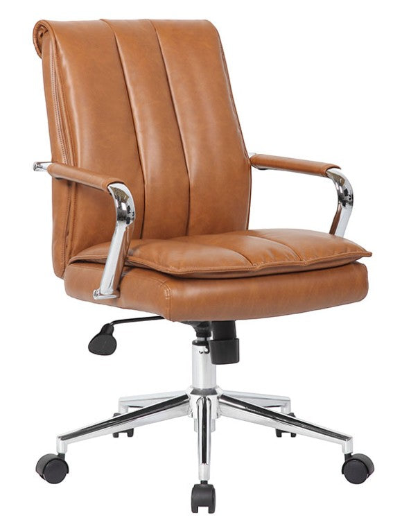 Valiant Products Stanton pillow top ergonomic office chair in tan vinyl with chrome arms and a sturdy chrome base.
