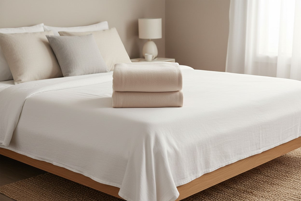 Valiant Products tan Super Fleece blanket folded on a white bed in a minimalist bedroom setting