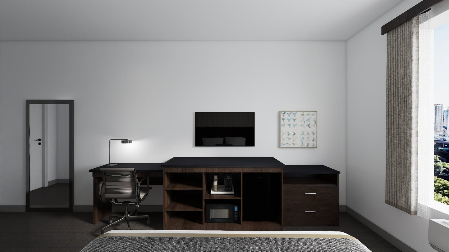 Valiant Products Telluride Unit featuring a dark wood desk, open shelving for appliances, and a sleek black top.