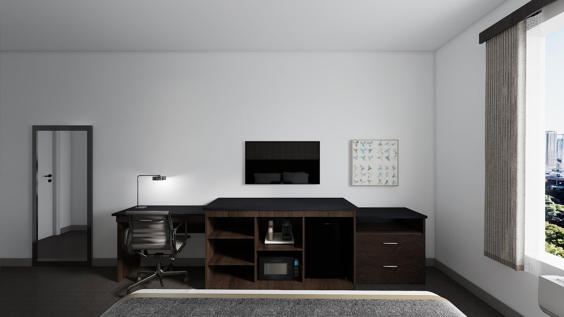 Valiant Products Telluride Unit featuring a dark wood desk, open shelving for appliances, and a sleek black top.