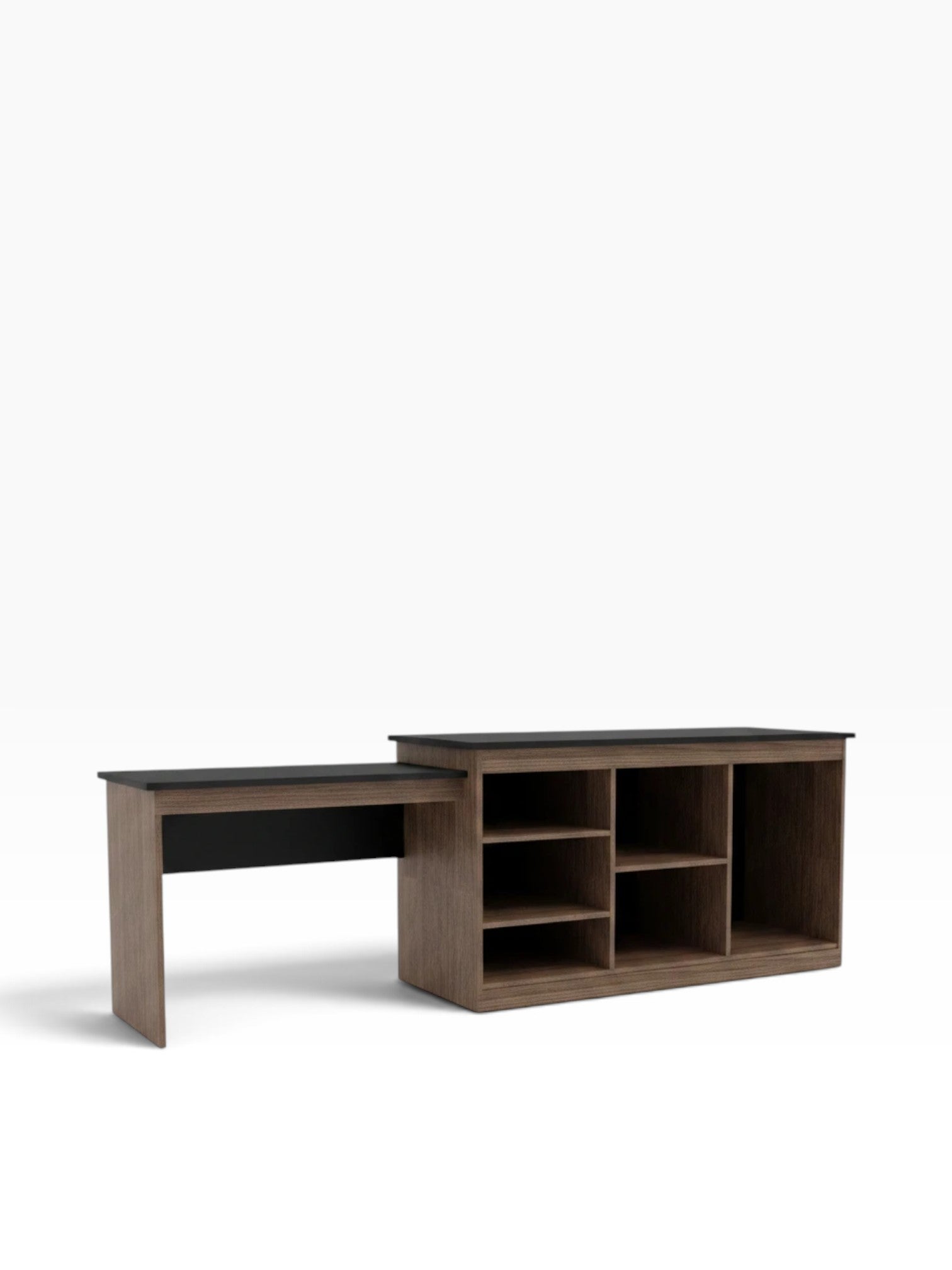 Valiant Products Telluride Unit with a wood finish, black top, integrated desk, and open shelving for appliances.