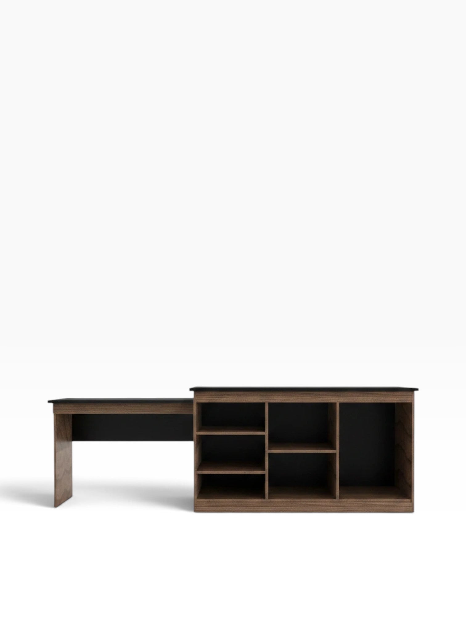 Valiant Products Telluride Unit with a wood finish, black top, integrated desk, and open shelving for appliances.