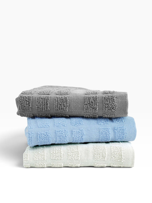 Valiant Products stack of three textured cotton dish cloths in grey, blue, and khaki with fade-resistant loops.