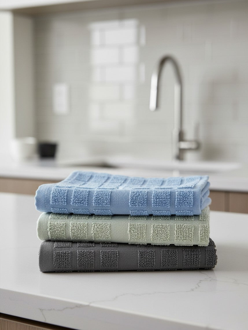 Valiant Products stack of three textured kitchen towels in blue, khaki, and grey on a white kitchen countertop.