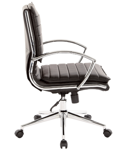 Valiant Products Themis mid-back ergonomic office chair in black faux leather with chrome frame and base, side view.