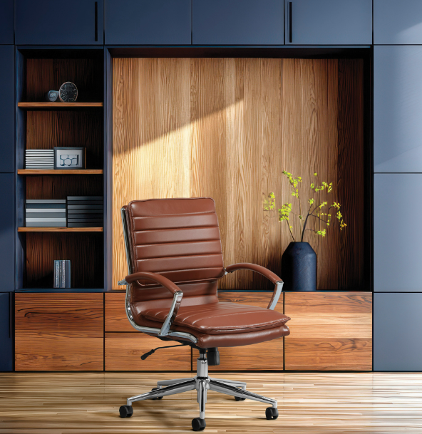 Valiant Products Themis mid-back ergonomic office chair in brown faux leather with chrome frame and lumbar support.
