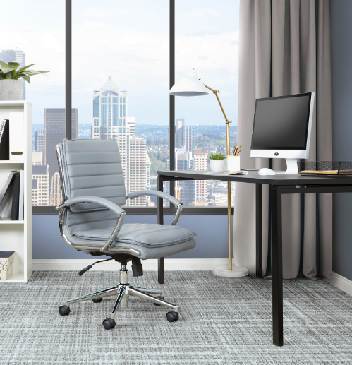 Valiant Products Themis mid-back grey faux leather ergonomic office chair with chrome base and loop arms in a home office