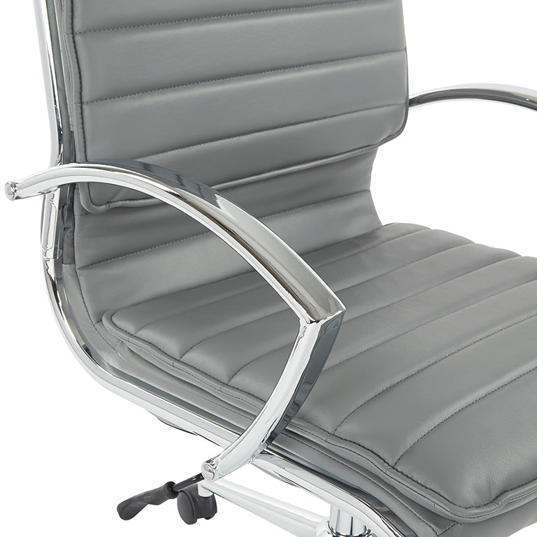 Valiant Products Themis mid-back ergonomic office chair in grey faux leather with chrome loop arms and frame.