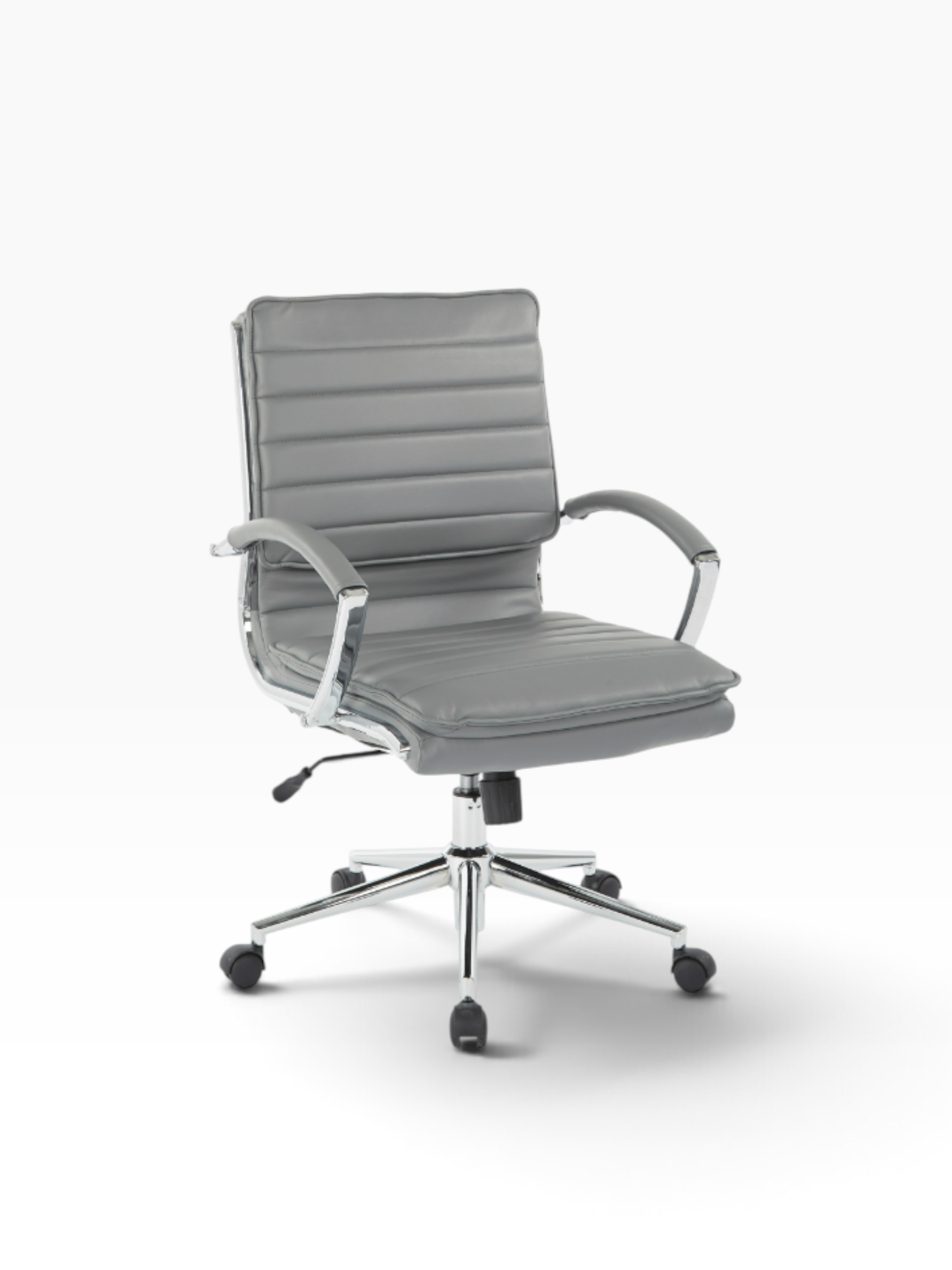 Valiant Products Themis mid-back grey faux leather ergonomic office chair with chrome arms and base.