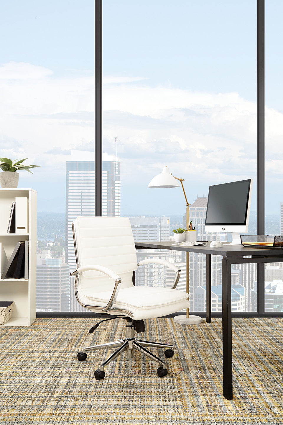 Valiant Products Themis white faux leather mid-back ergonomic office chair with chrome base in a modern office setting.