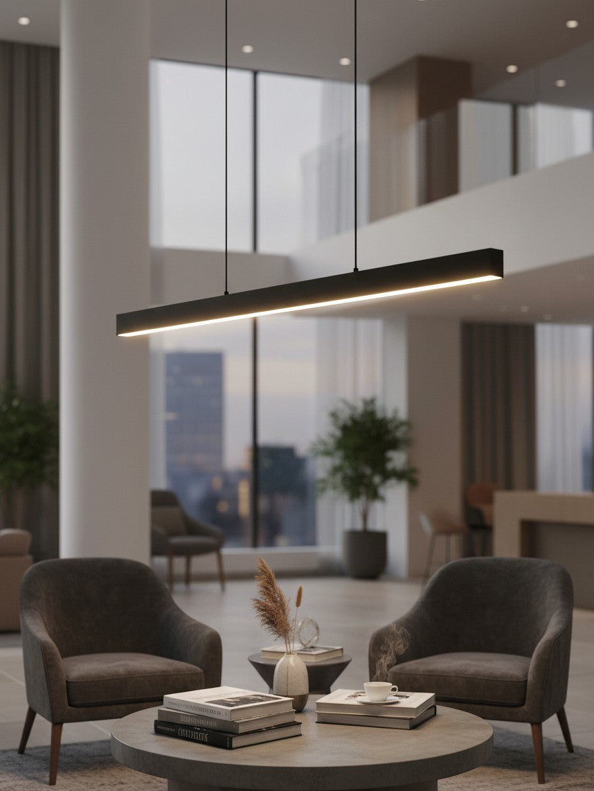 Valiant Products Thread modular LED pendant light in matte black, suspended over a modern living room seating area.