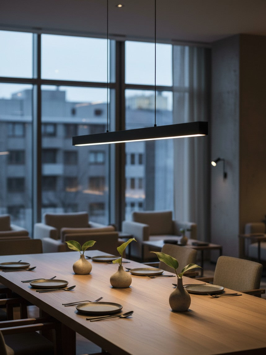 Valiant Products Thread modular LED pendant light in matte black hanging over a modern dining table by a window.