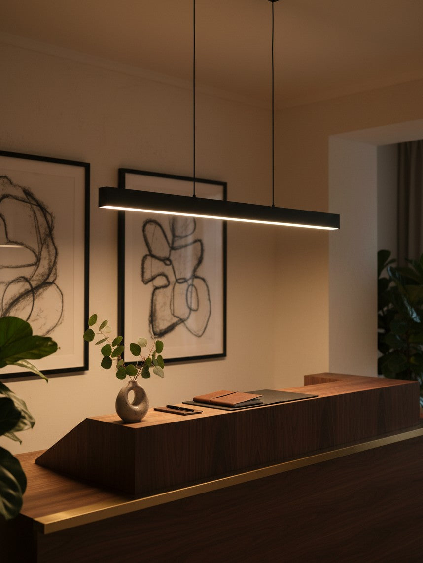 Valiant Products Thread modular matte black LED pendant light fixture hanging over a modern wooden reception desk.