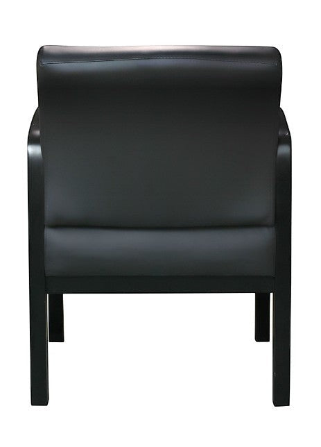 Valiant Products Tiernan guest chair with black antimicrobial vinyl upholstery and a sleek black wood frame.