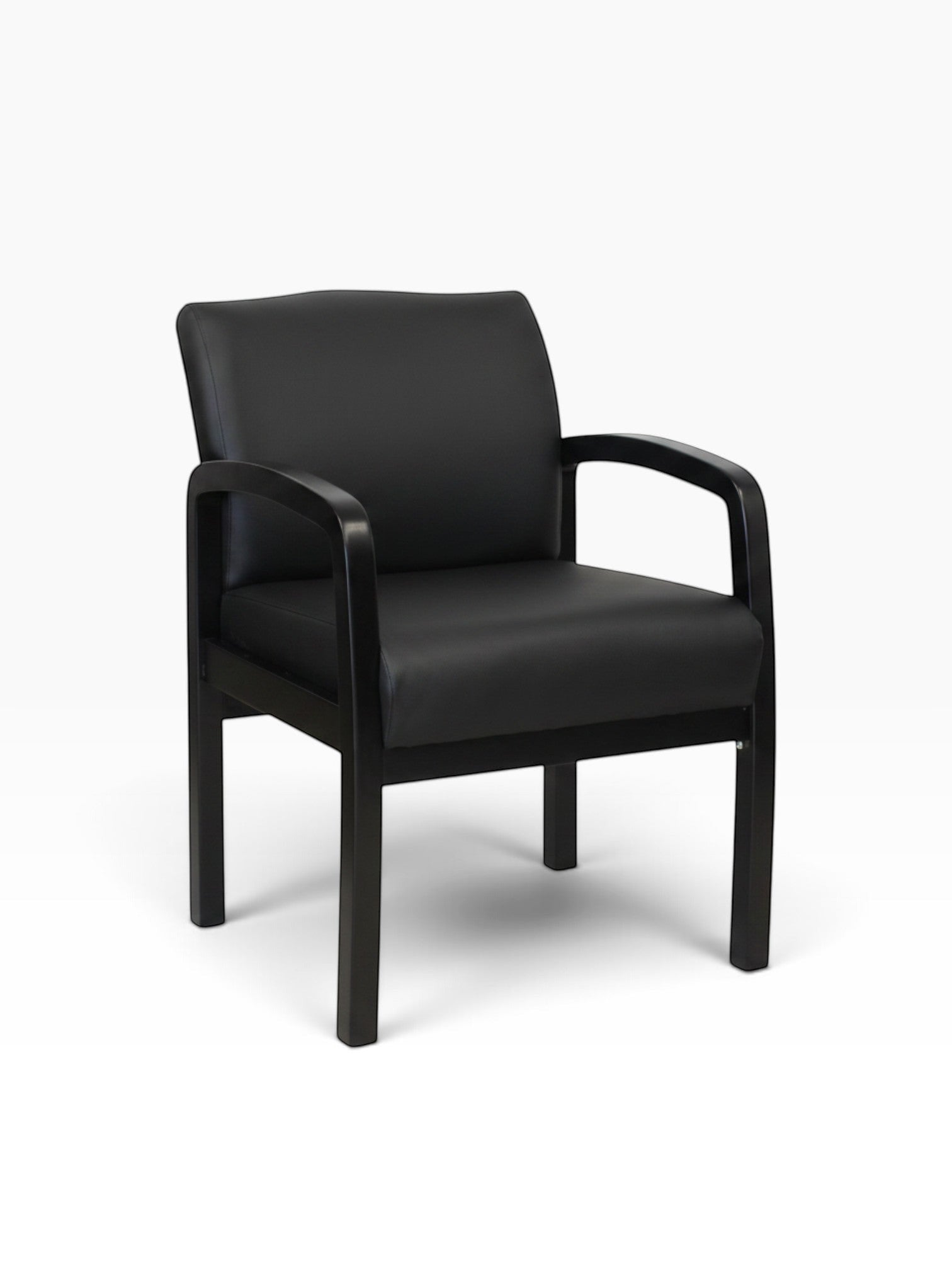 Valiant Products Tiernan guest chair with black antimicrobial vinyl upholstery and a sleek black wood frame.