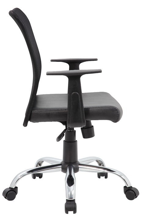 Valiant Products Tilden ergonomic office chair with black mesh back, vinyl seat, and chrome base, side view.