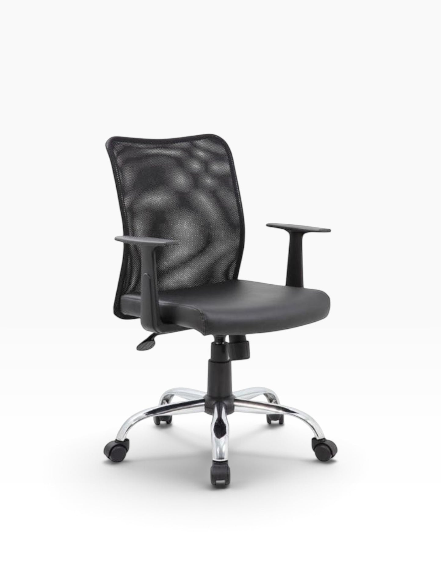 Valiant Products Tilden ergonomic office chair with black mesh back, vinyl seat, and chrome base with T-arms.