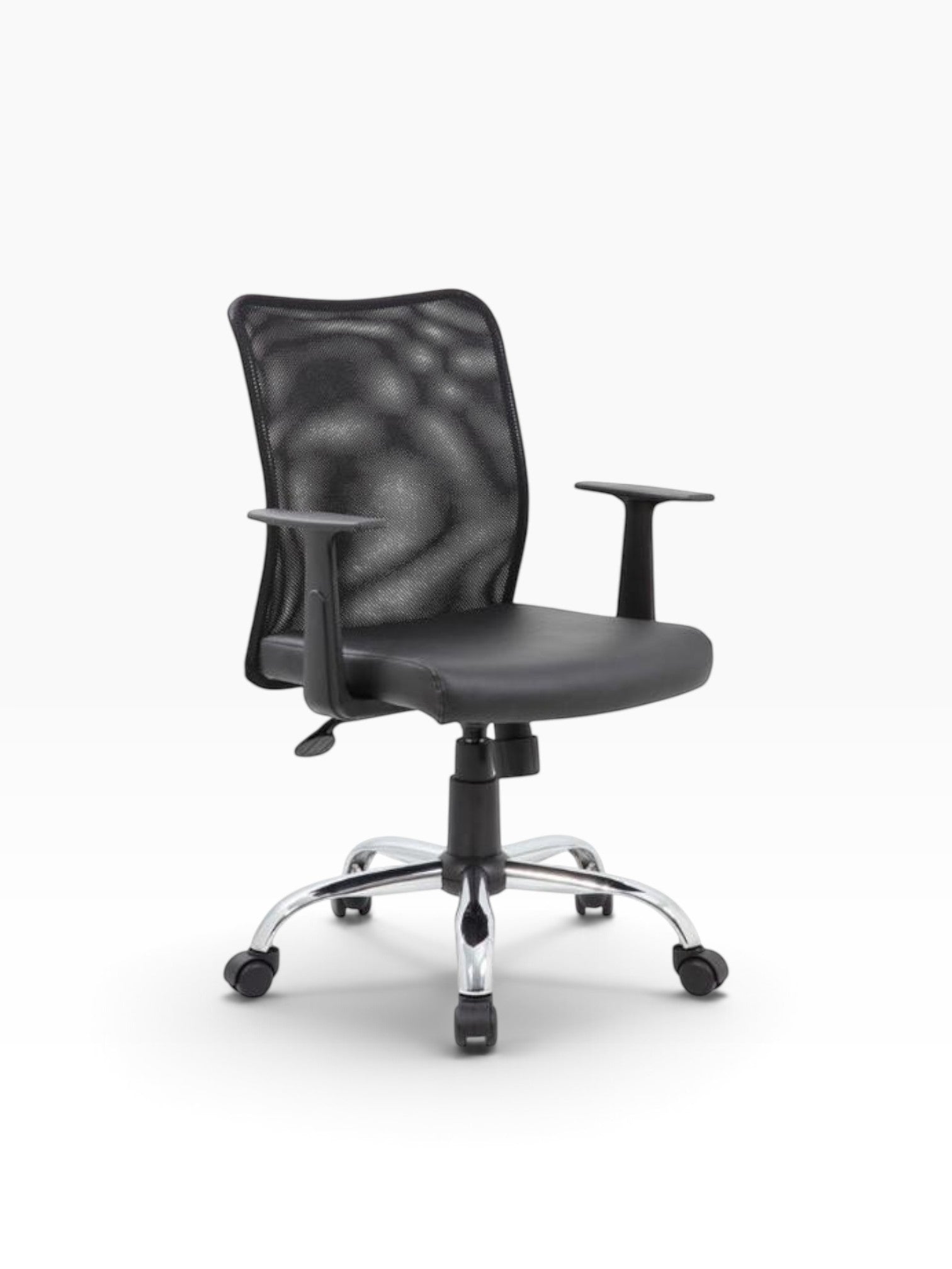 Valiant Products Tilden ergonomic office chair with black mesh back, vinyl seat, and chrome base with T-arms.