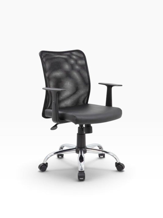 Valiant Products Tilden ergonomic office chair with black mesh back, vinyl seat, and chrome base with T-arms.