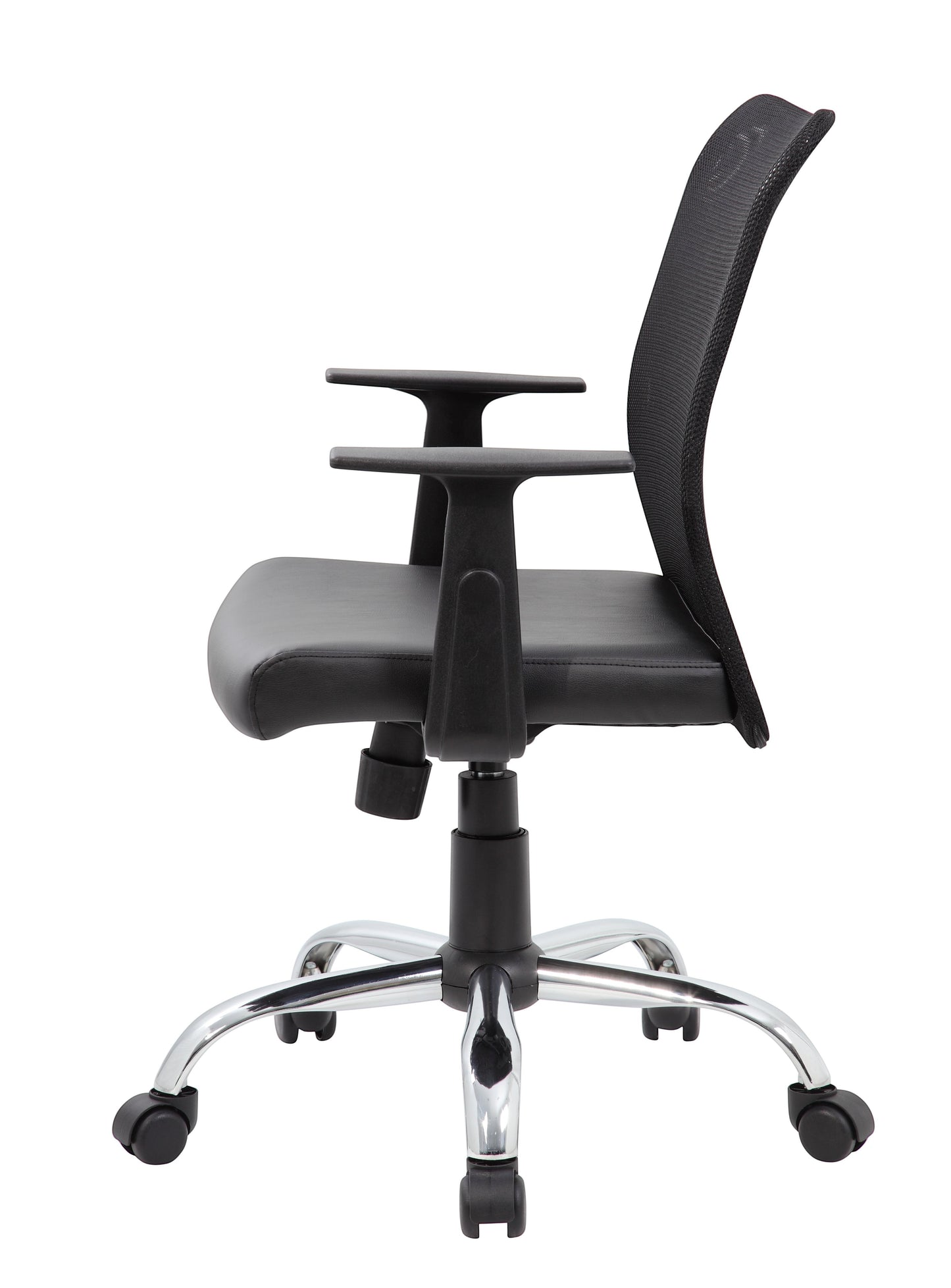 Valiant Products Tilden mesh ergonomic office chair with black vinyl seat, breathable back, and chrome base side view