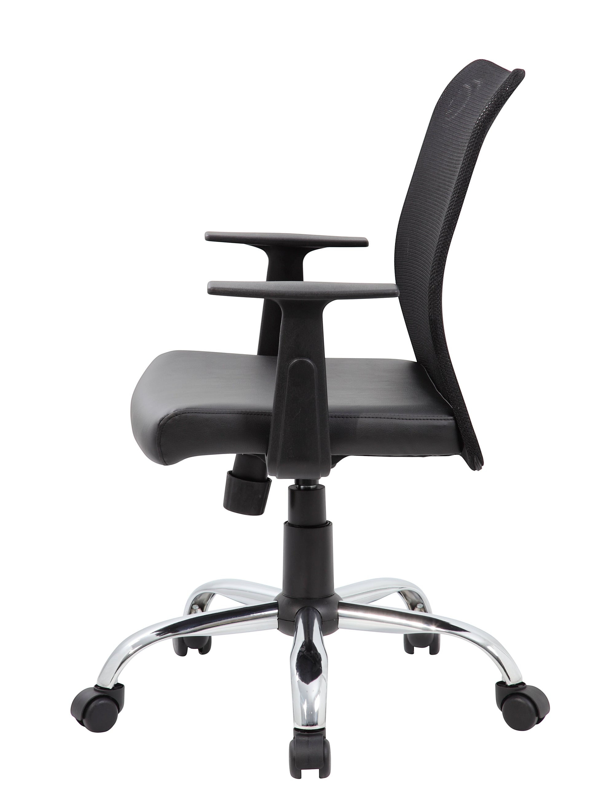 Valiant Products Tilden mesh ergonomic office chair with black vinyl seat, breathable back, and chrome base side view