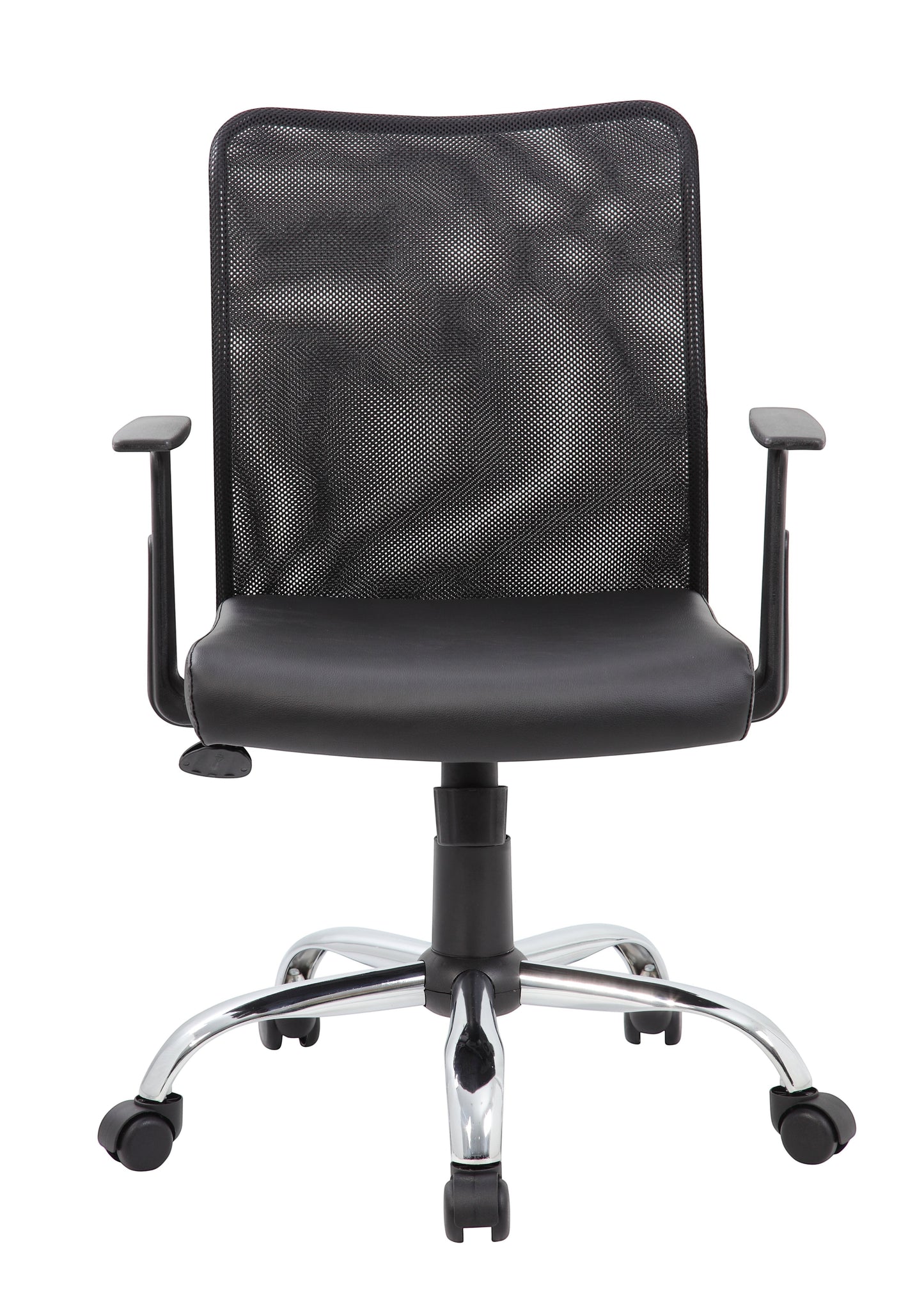 Valiant Products Tilden mesh ergonomic office chair with black vinyl seat, chrome base, and fixed T-arms.