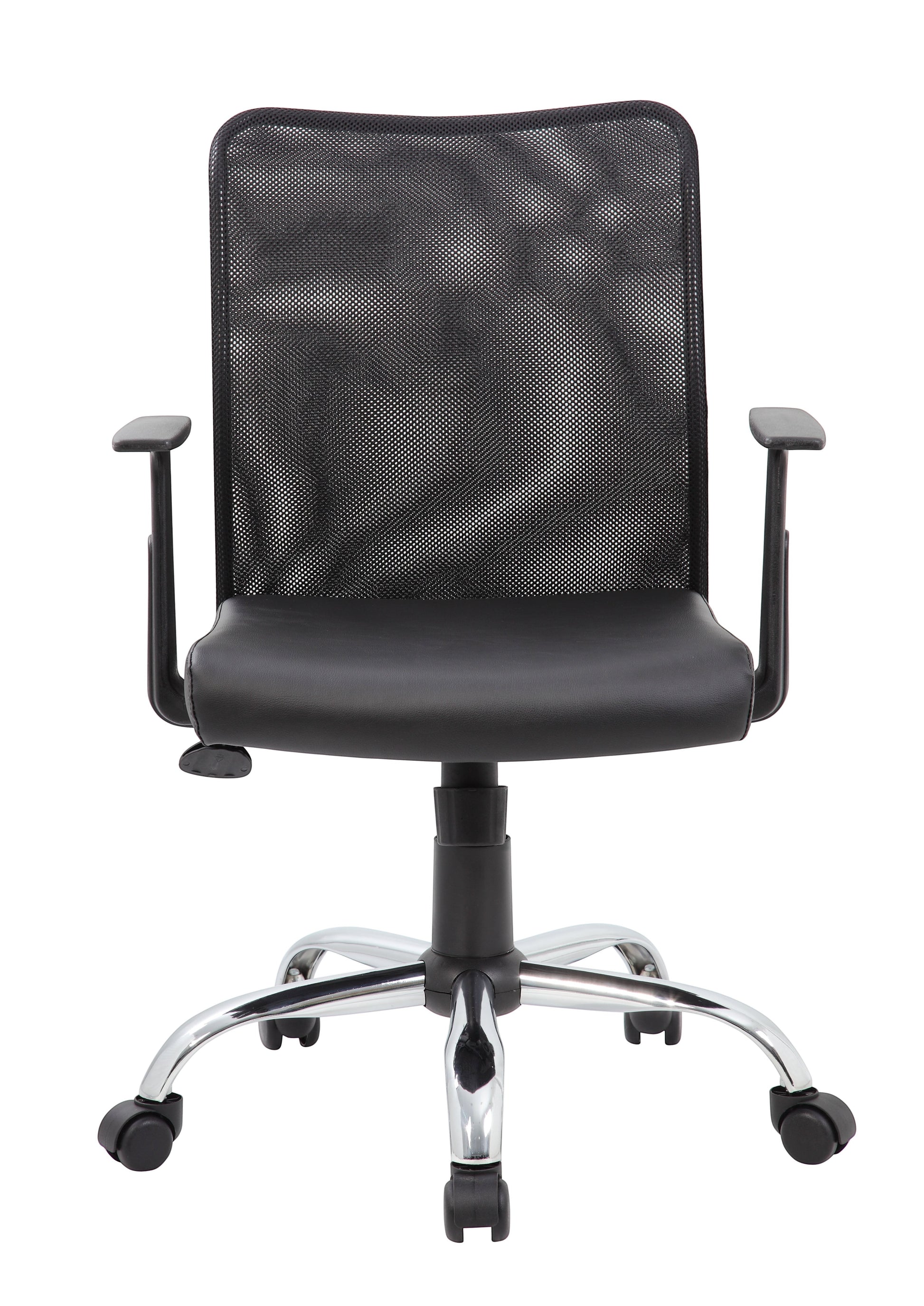 Valiant Products Tilden mesh ergonomic office chair with black vinyl seat, chrome base, and fixed T-arms.