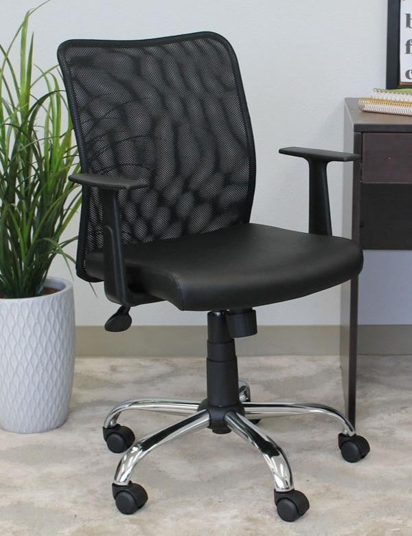 Valiant Products Tilden mesh ergonomic office chair with black vinyl seat, chrome base, and fixed T-arms.