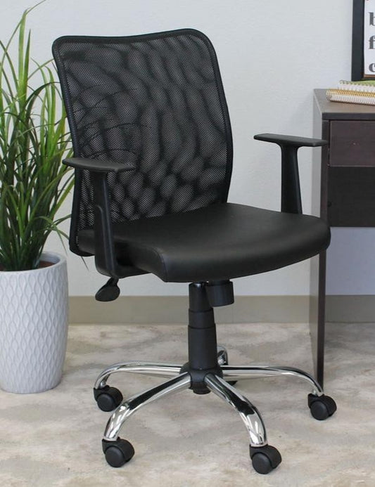 Valiant Products Tilden mesh ergonomic office chair with black vinyl seat, chrome base, and fixed T-arms.