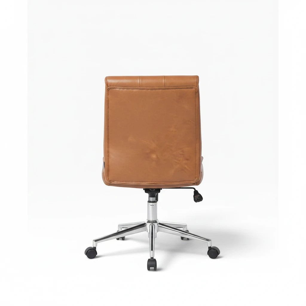 Valiant Products Torin armless office chair with tan vinyl upholstery and a chrome base, back view.