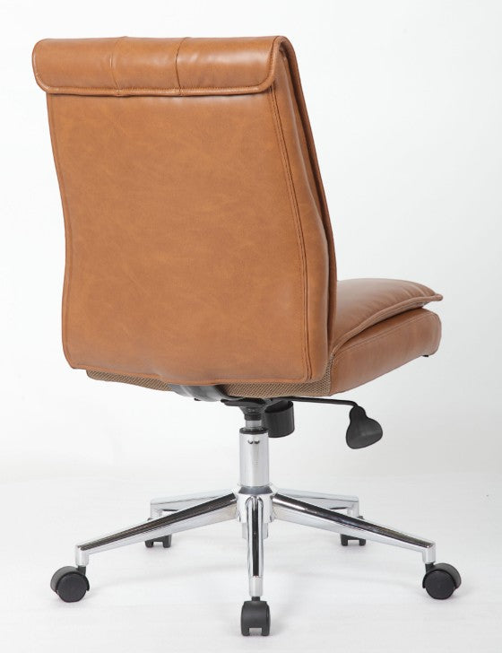 Valiant Products Torin armless office chair in tan vinyl with a pillow-top back and a chrome base, rear view.