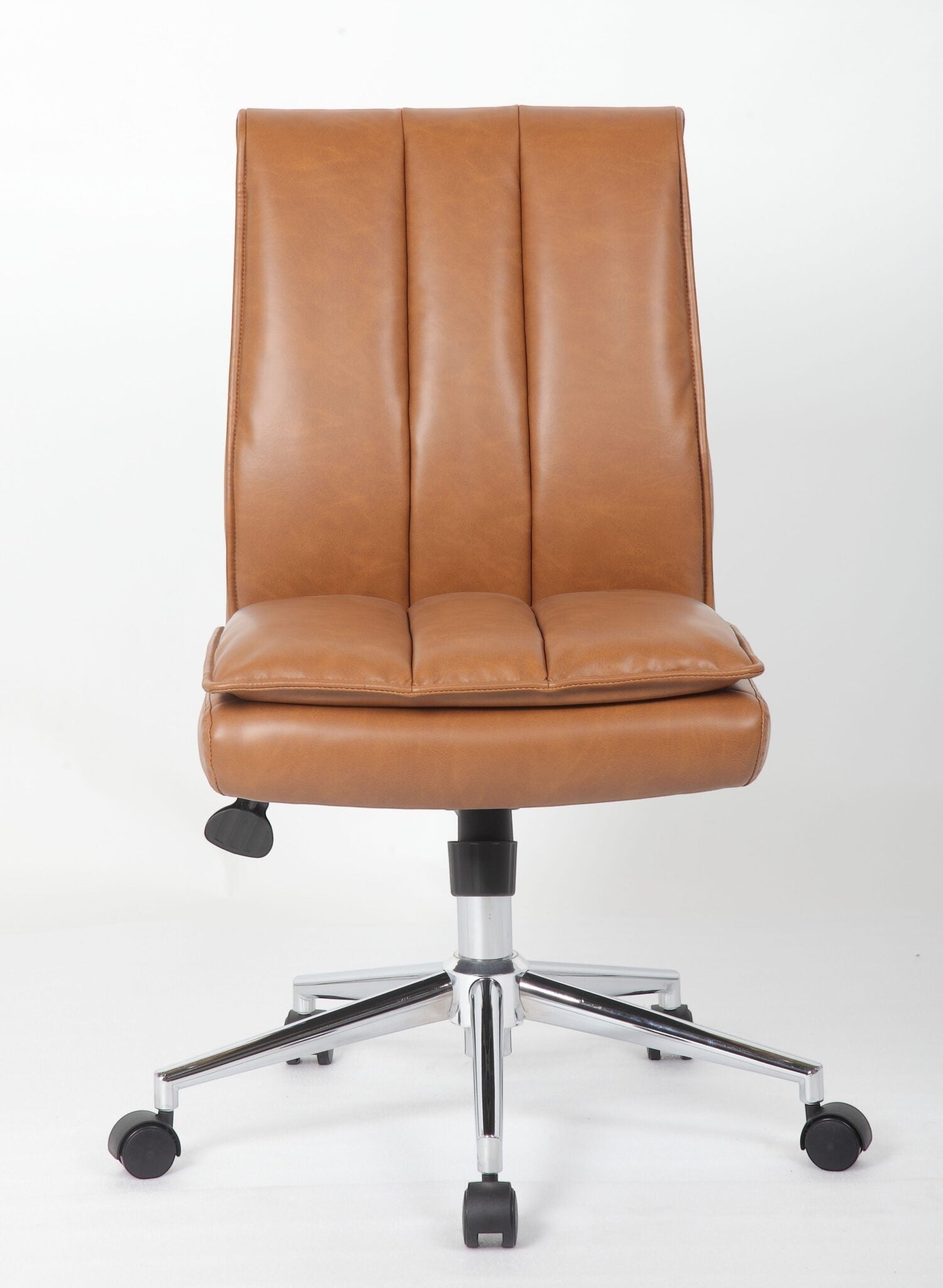 Valiant Products Torin armless ergonomic office chair in tan vinyl with plush pillow-top cushioning and chrome base.