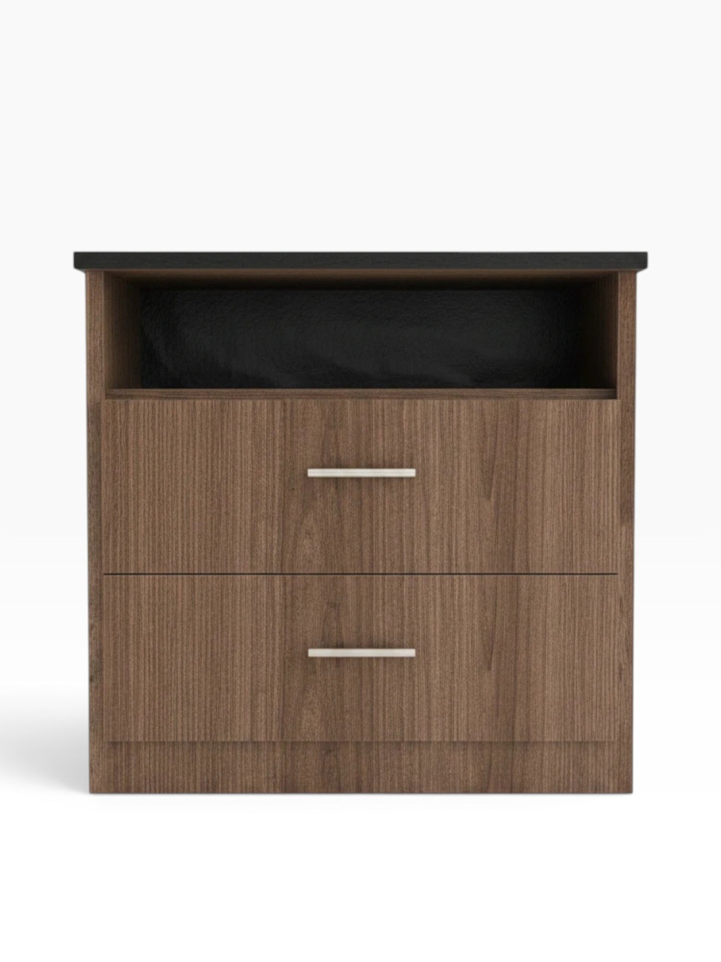 Valiant Products 2-drawer chest in wood grain finish with a black top cubby and modern silver drawer pulls.