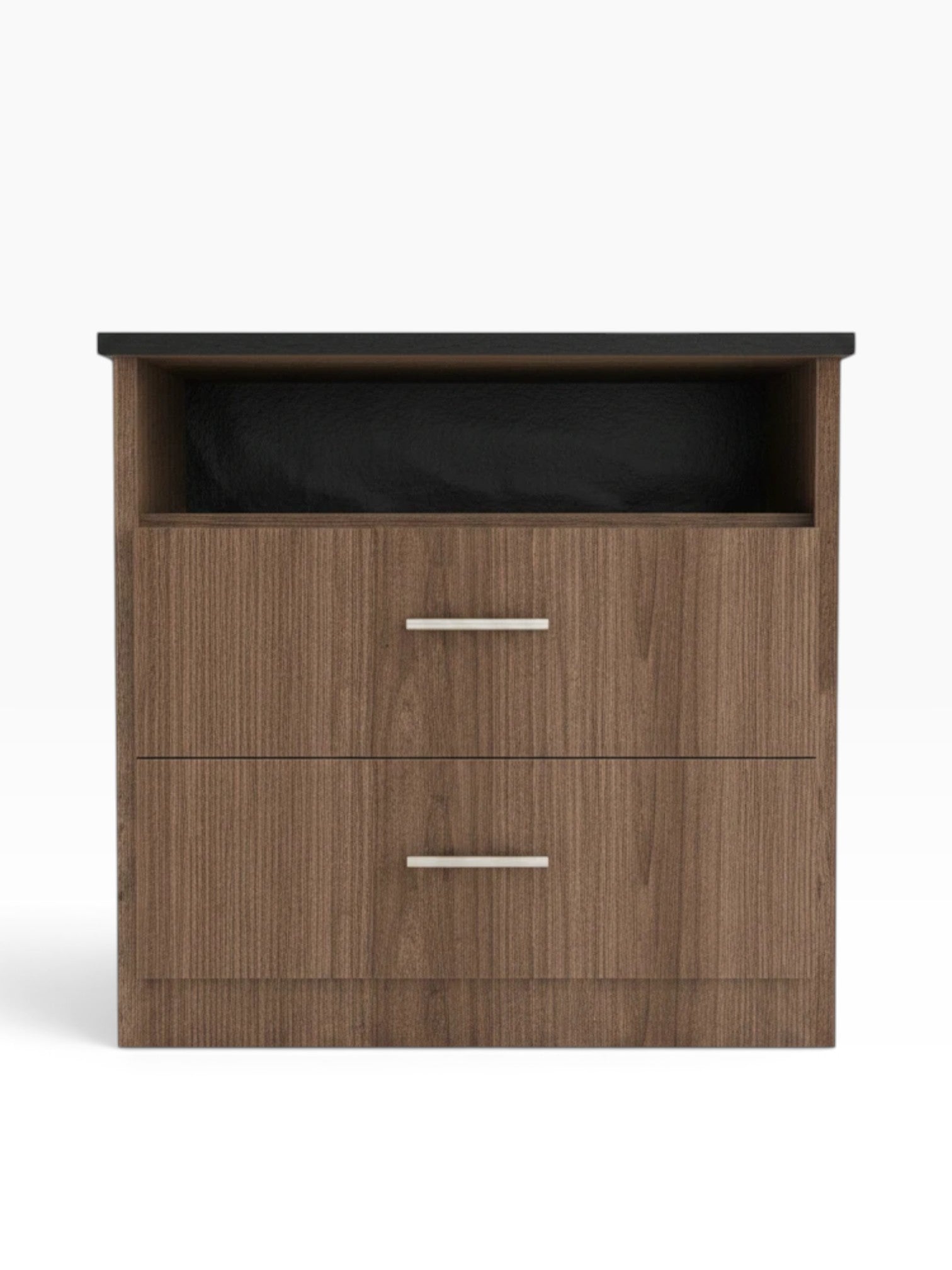 Valiant Products 2-drawer chest in wood grain finish with a black top cubby and modern silver drawer pulls.