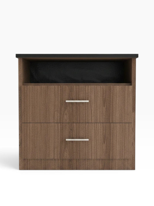 Valiant Products 2-drawer chest in wood grain finish with a black top cubby and modern silver drawer pulls.