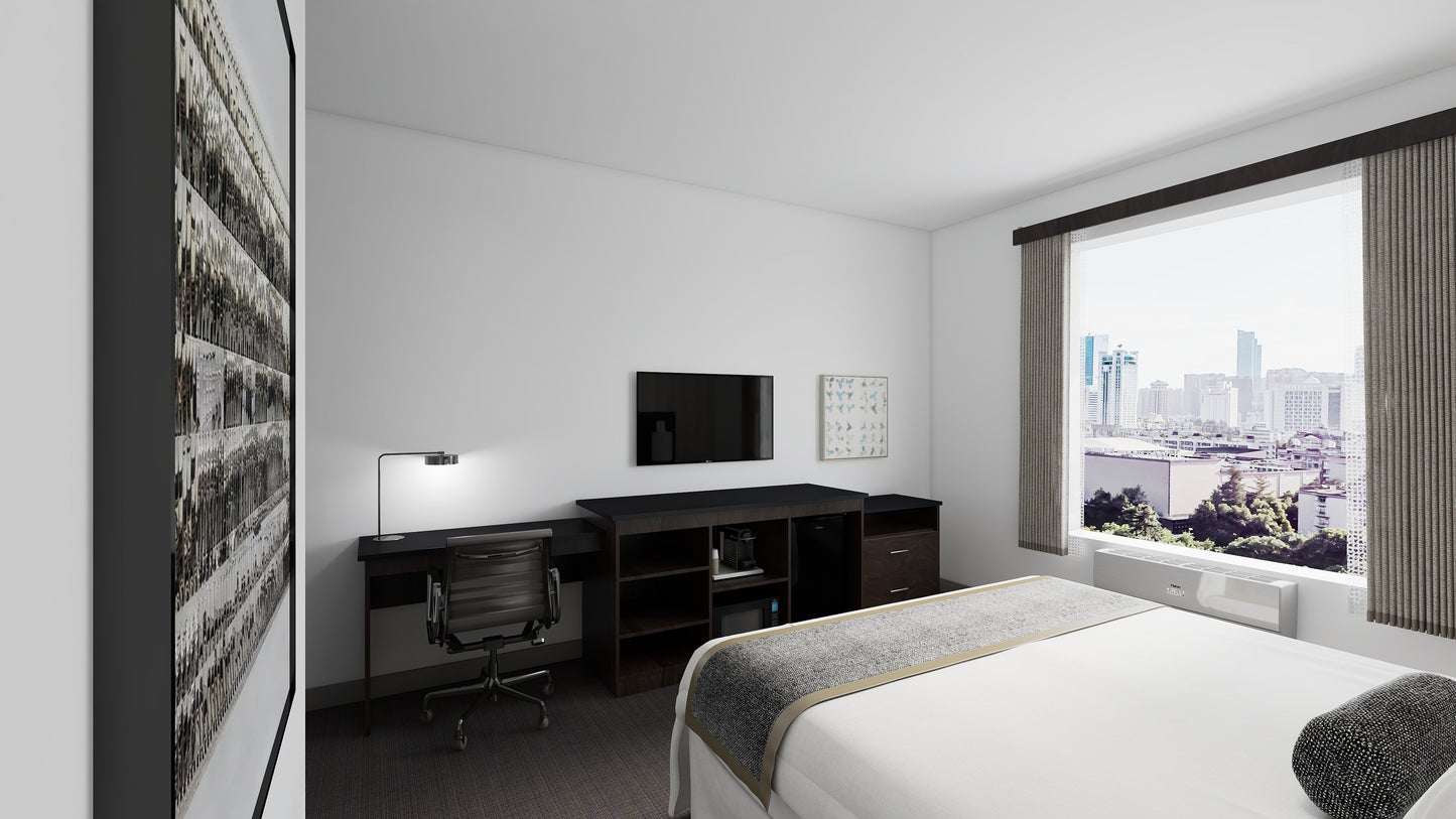Valiant Products 2 drawer chest with open cubby storage in a modern hotel room setting with a desk and bed