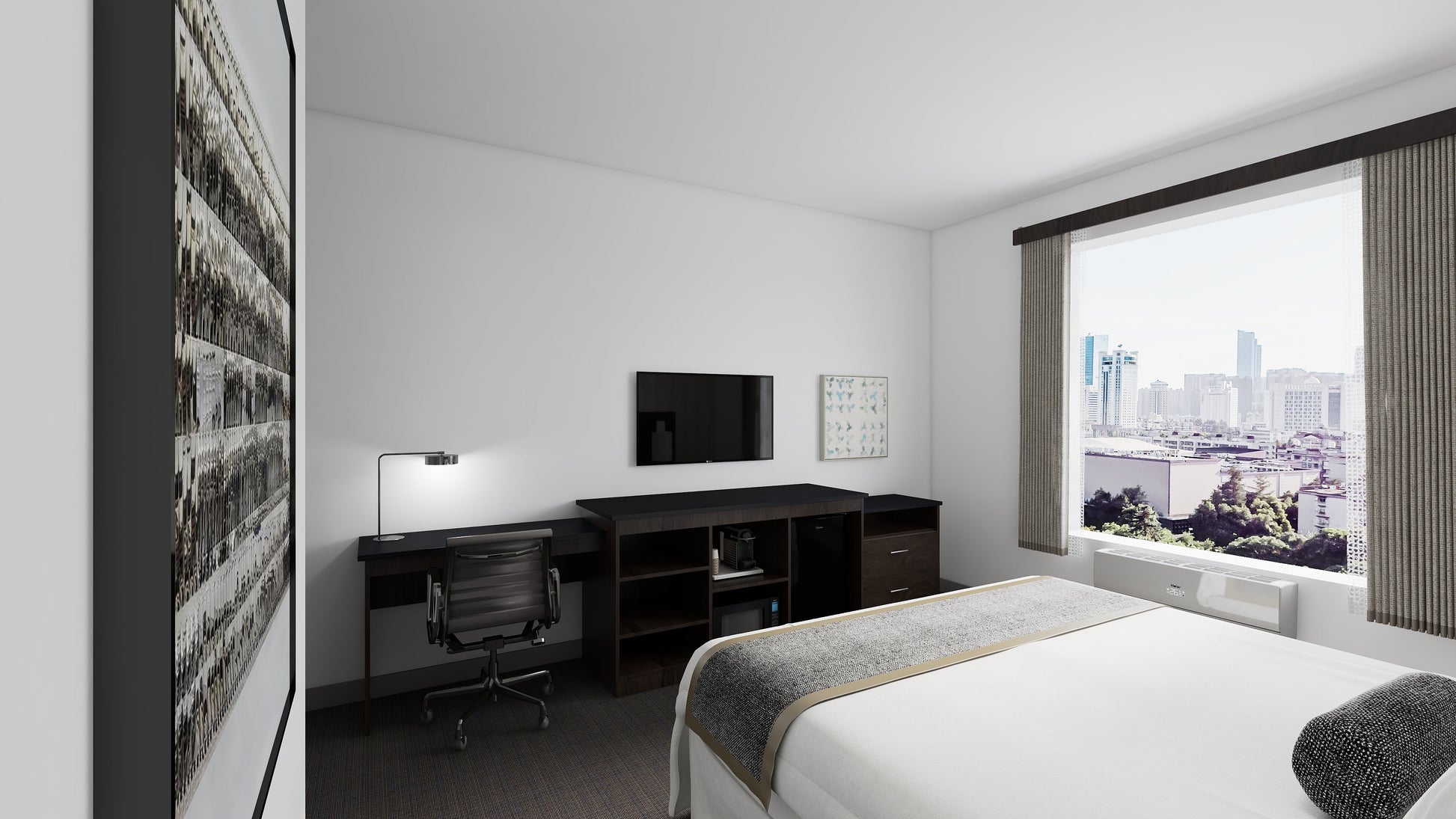 Valiant Products 2 drawer chest with open cubby storage in a modern hotel room setting with a desk and bed