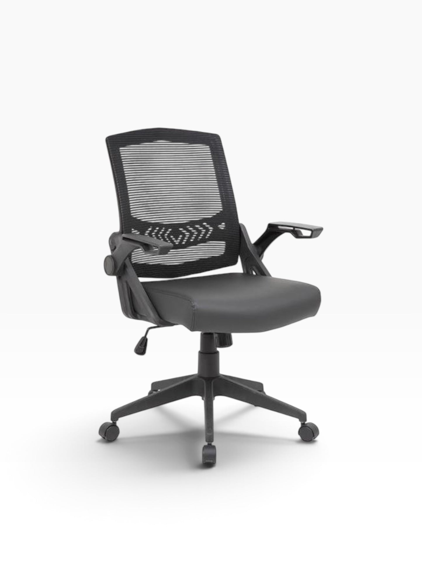 Valiant Products Tycoon ergonomic task chair with black mesh back, antimicrobial vinyl seat, and flip-up arms.