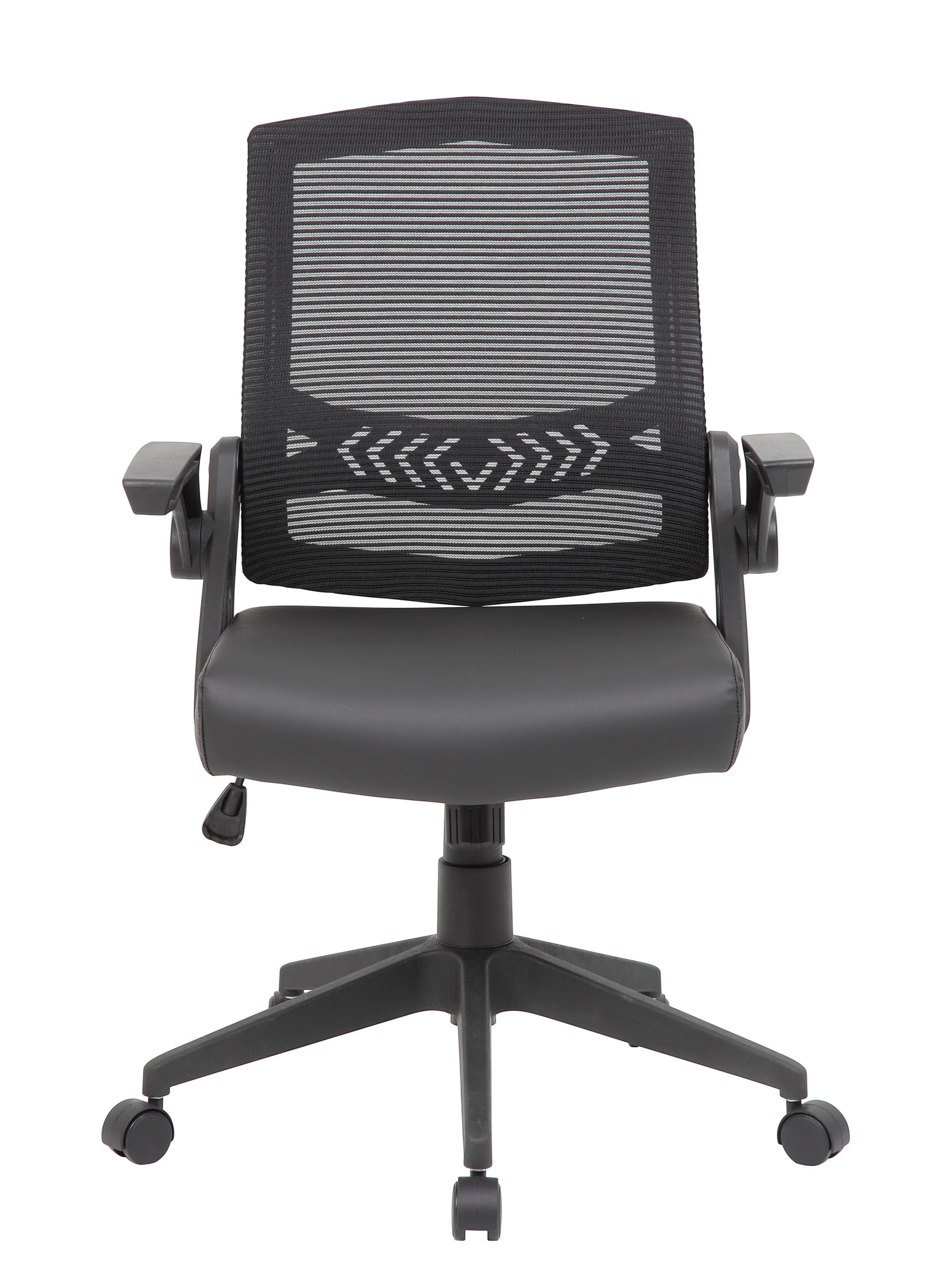 Valiant Products Tycoon ergonomic task chair with black mesh back, antimicrobial vinyl seat, and flip-up armrests.