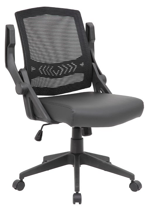 Valiant Products Tycoon ergonomic task chair with black mesh back, antimicrobial vinyl seat, and flip-up arms.