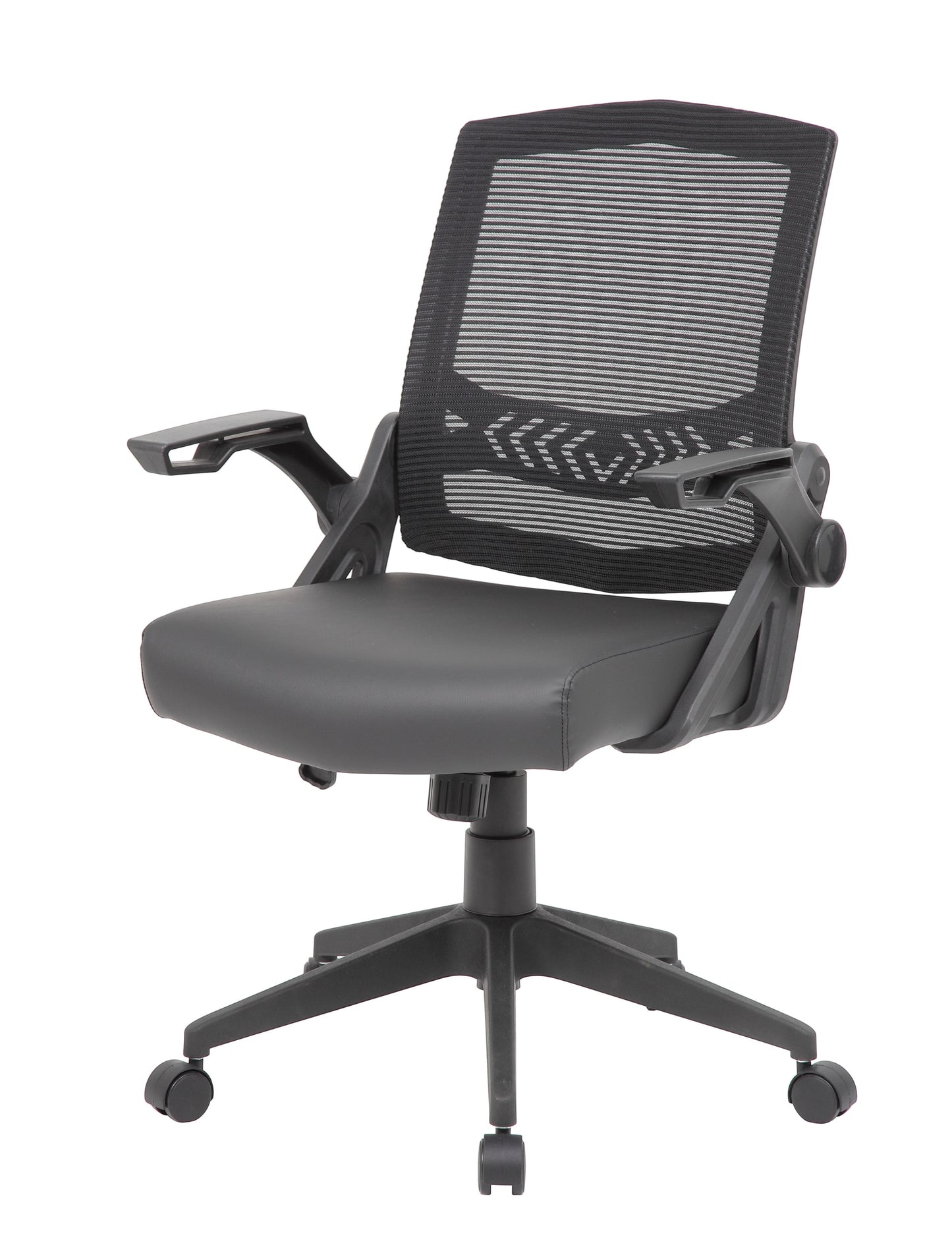 Valiant Products Tycoon ergonomic task chair with black mesh back, antimicrobial vinyl seat, and flip-up arms.