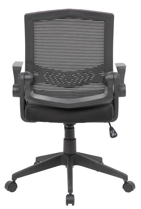 Valiant Products Tycoon ergonomic task chair with black mesh back, vinyl seat, and adjustable flip-up arms.