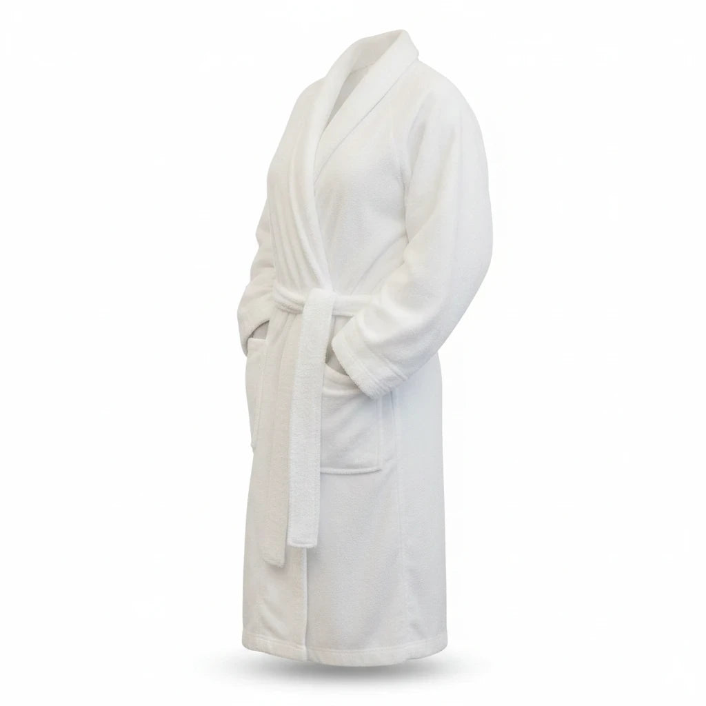 Valiant Products white Ultra Touch unisex hospitality robe with shawl collar, belt, and snag-free LOOPLock technology.