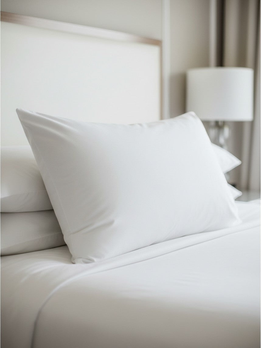 Valiant Products Ultra Touch white microfiber pillow on a neatly made hotel bed with a soft, plush appearance.