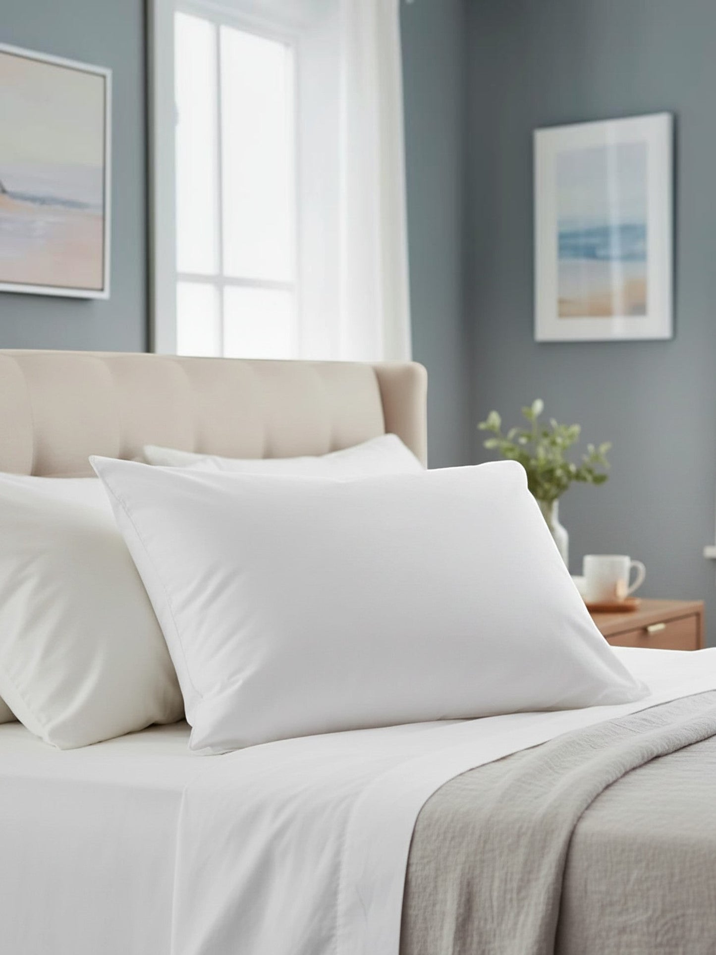 Valiant Products Ultra Touch white microfiber pillow on a neatly made bed in a modern bedroom setting