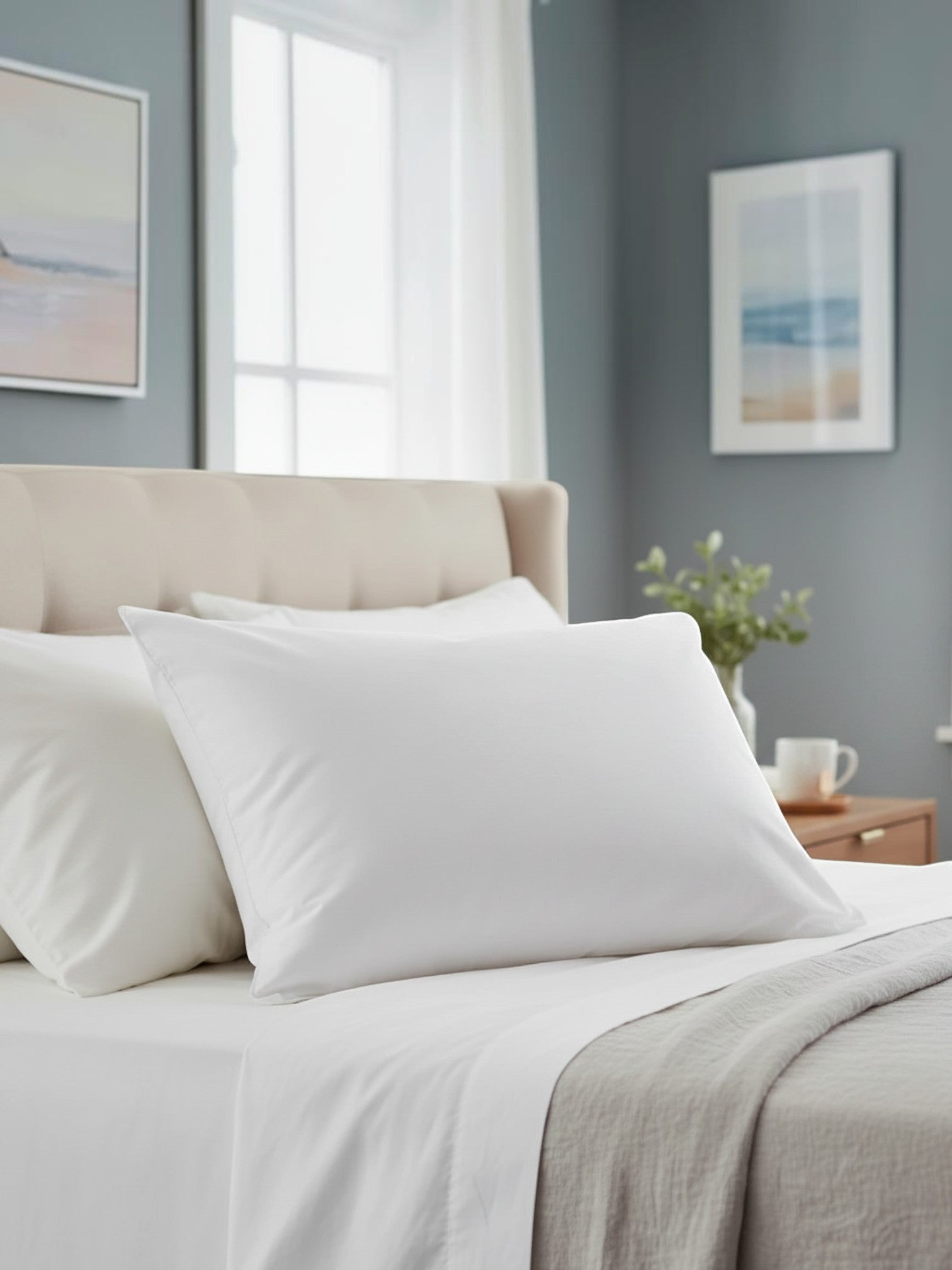 Valiant Products Ultra Touch white microfiber pillow on a neatly made bed in a modern bedroom setting
