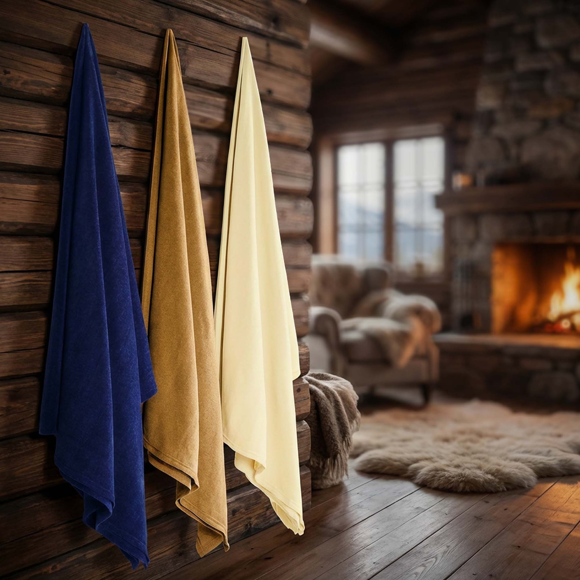 Valiant Products Vellux Renew polyester chenille blankets in navy, tan, and ivory hanging on a rustic wooden wall.